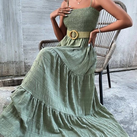 GREEN BOHO Shirred Ruffle Hem Cami Dress - Picture 6 of 7